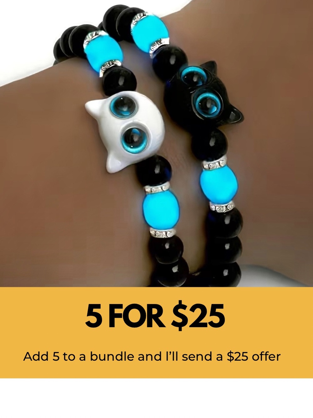 Cat Bead Stretch Bracelet Set - Turquoise & Black